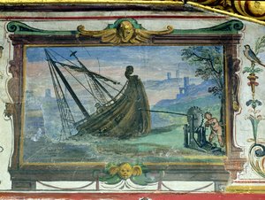 Um parafuso sem fim que permitiu a Arquimedes (c.287-12 aC) arrastar um navio para terra, Stanza della Mattematica, 1587-1609